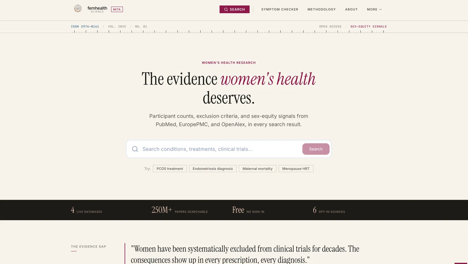 FemHealth Research Finder Platform Interface - Redesigned with authoritative red color palette